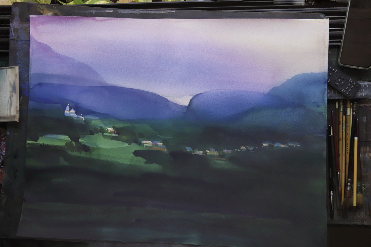 Impressionistic Landscape Watercolour By Prashant Prabhu, 30 X 22", Hamlet On Himachal Hills, Original Artwork