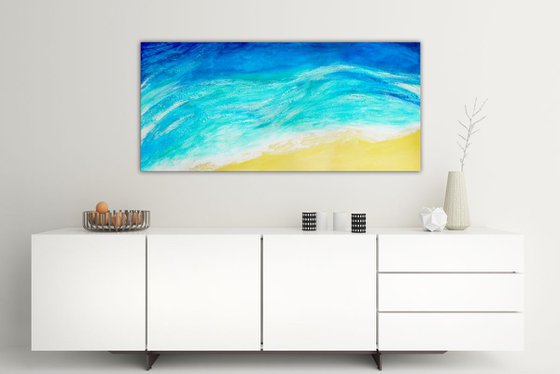 Whispering Waves  (Ready to hang - Large painting in turquoise and blues, water, seaside, waves)