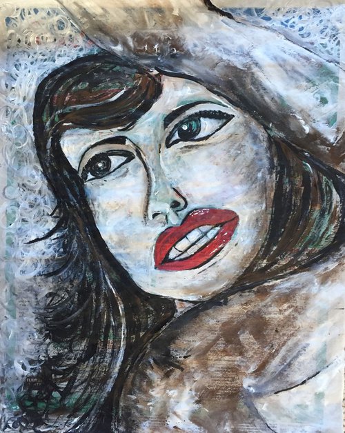 Captured II Acrylic on Newspaper Face Art Woman Portrait Red Lips 37x29cm Gift Ideas Original Art Modern Art Contemporary Painting Abstract Art For Sale Free Shipping by Kumi Muttu
