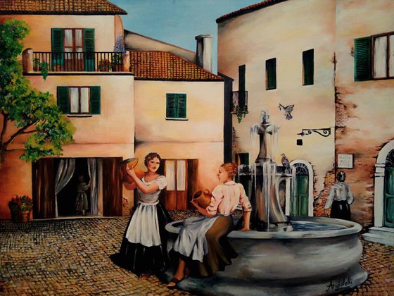 The village fountain - landscape - original painting