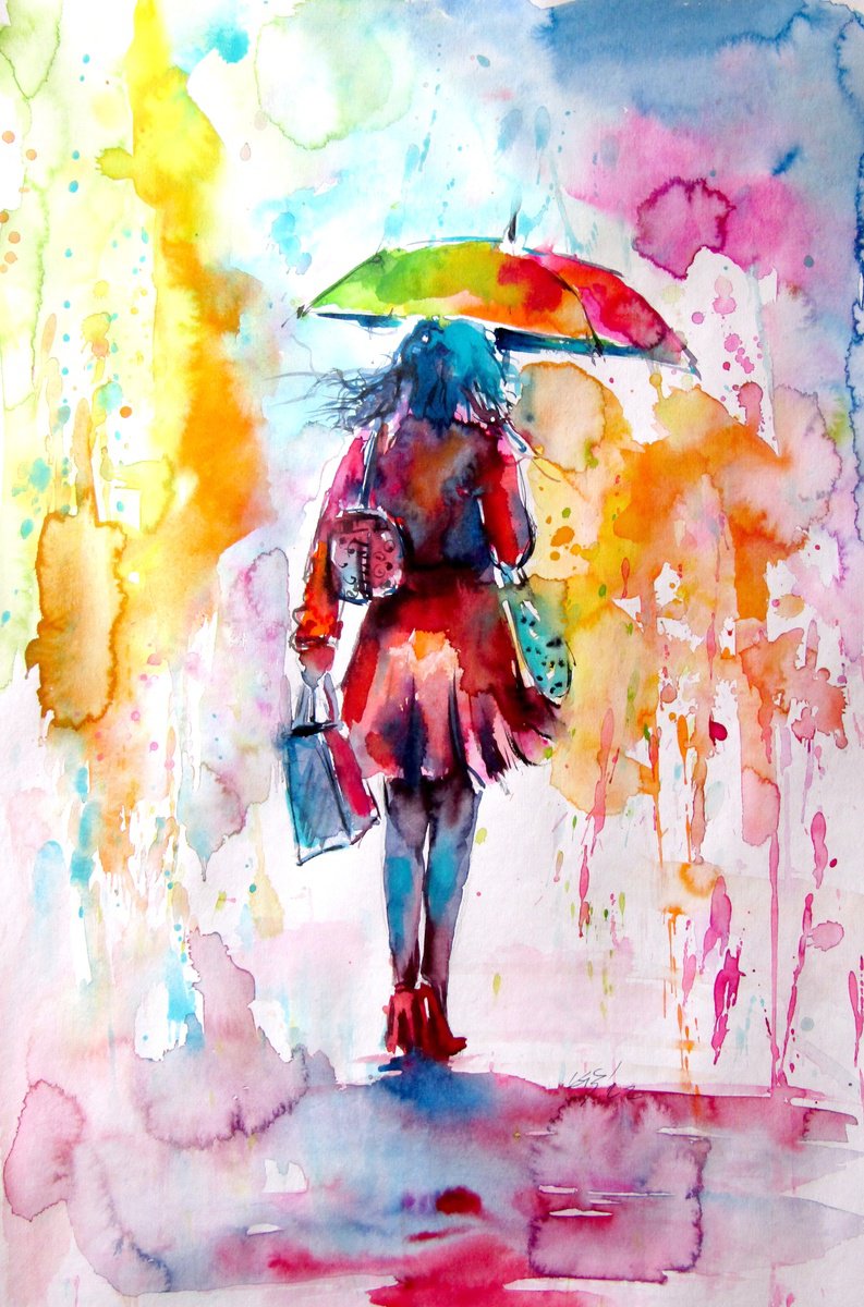 Impressionistic Watercolour , Colorful Rainy Day By Kovacs Anna Brigitta, 15 X 22, Artwork For Sale On Artfinder