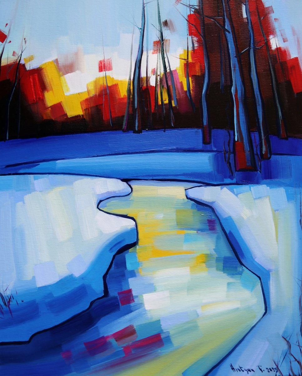 Expressive Landscape Oil Painting By Tigran Avetyan, 16 X 20", Winter Morning, Original Artwork