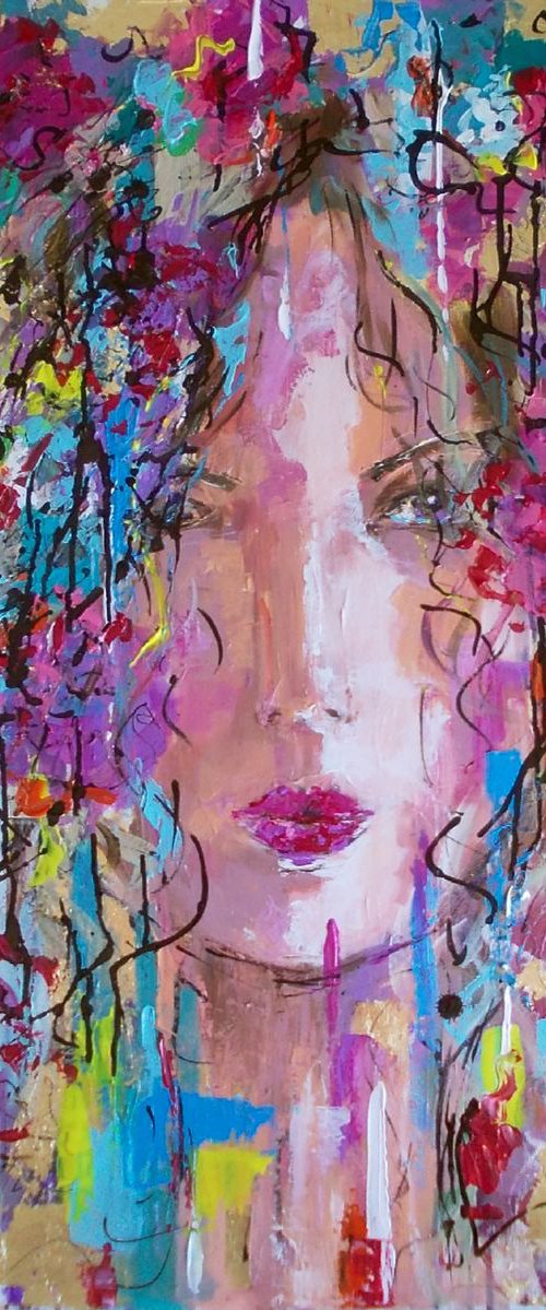 Welcome Spring -Woman portait acrylic painting on canvas by Antigoni Tziora