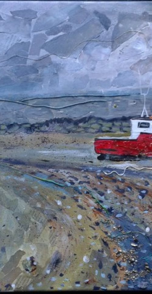Red boat in harbour by Fiona Plaisted