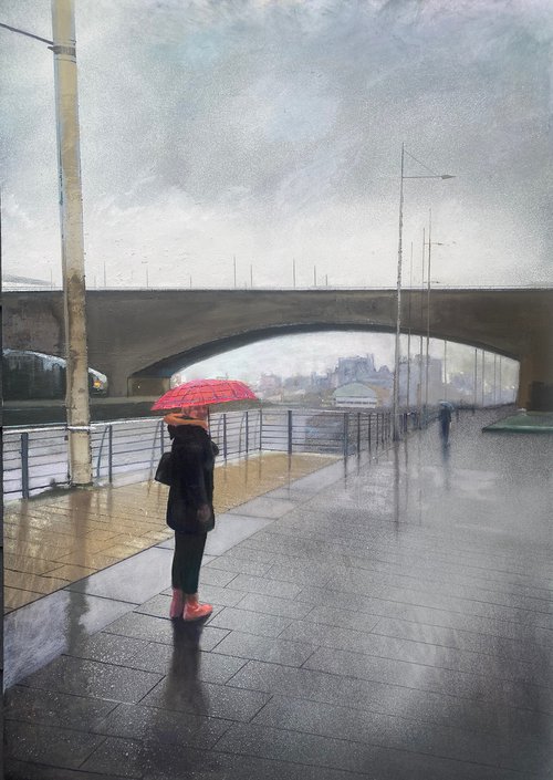 'Rainy Day in Scotland' Oil Painting of women with red umbrella by Simon Jones