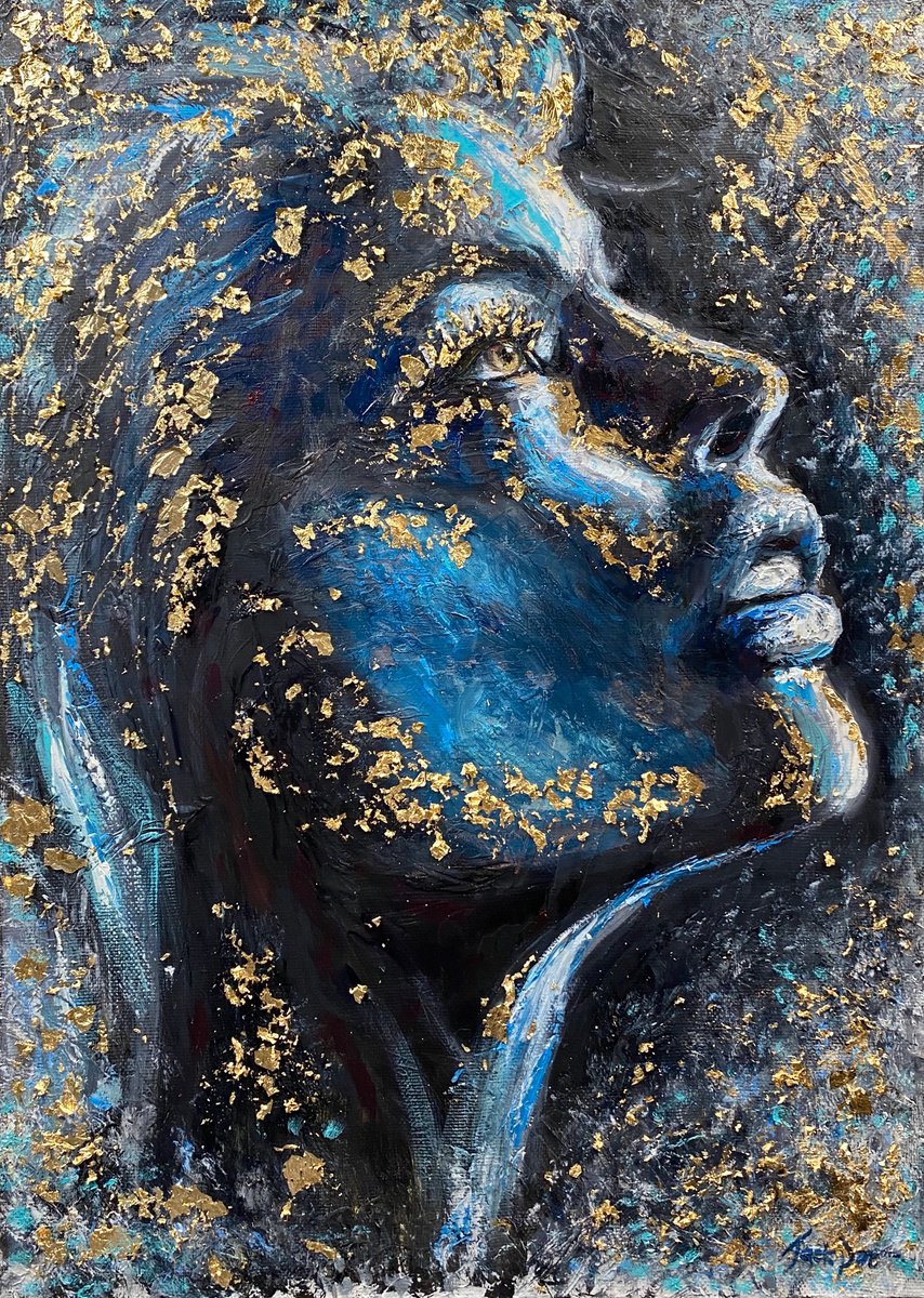 Gold Woman portrait painting leaf portrait canvas art original wall art by Evgeny JackPot by Evgeny Potapkin
