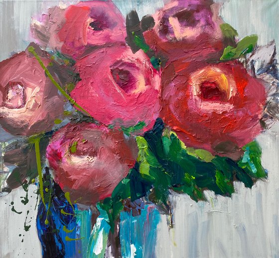 ROSES IN VASE-original painting on canvas