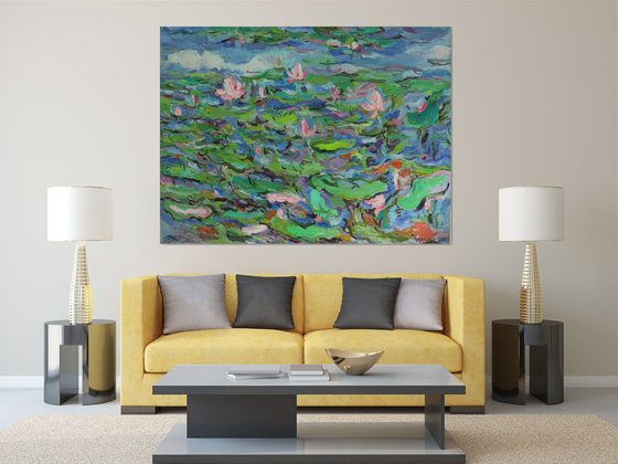 PINK LOTUS - floral landscape, original oil painting, waterscape, water lily pond, waterlilies, large size 146x196 cm