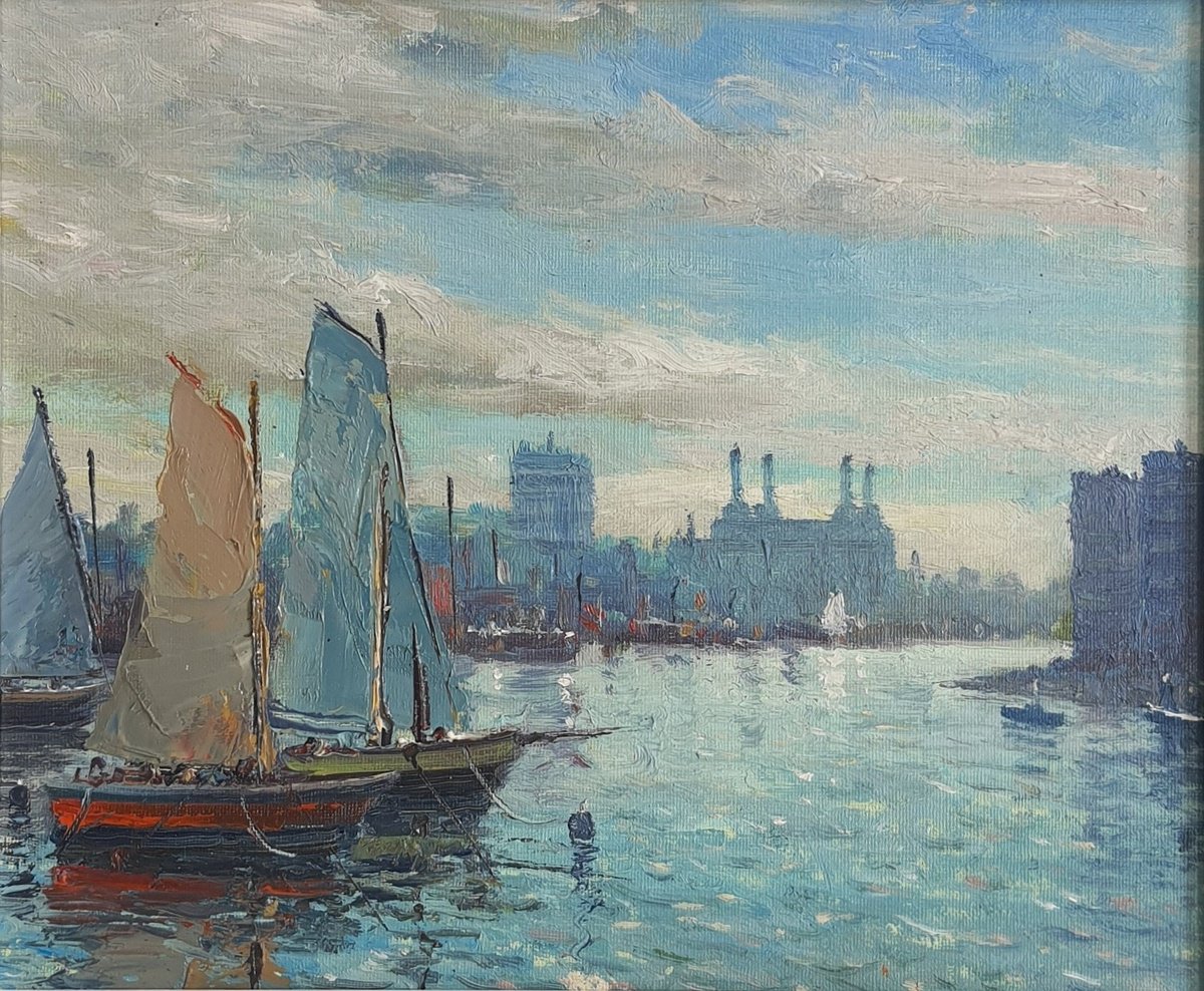 Impressionistic Cityscapes Oil Painting By Roberto Ponte, 12 X 10", Tall Ships Battersea, London, Original Artwork