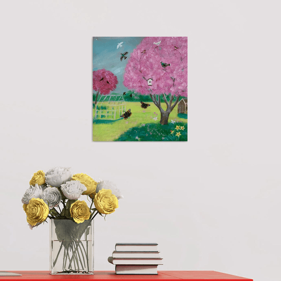 Blossom trees and greenhouse