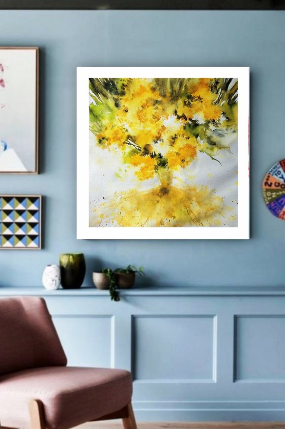 YELLOW FLOWERS PANTING. WILDFLOWERS BOUQUET.