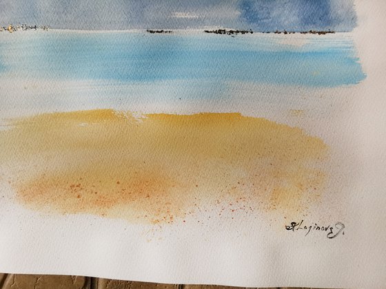 Morning light at the seaside. Large original watercolor painting