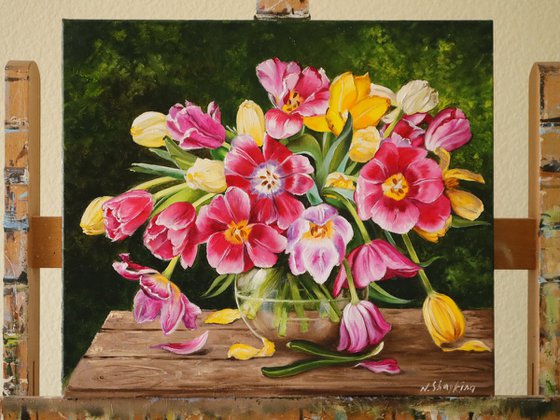 Red and Yellow Tulips in Glass Vase