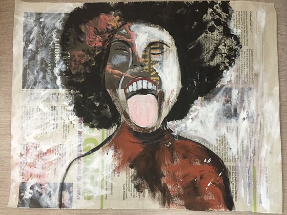 Scream People Art Acrylic on Newspaper Portrait Black Woman Face 29x37cm Beautiful Gift Ideas 15"x11"