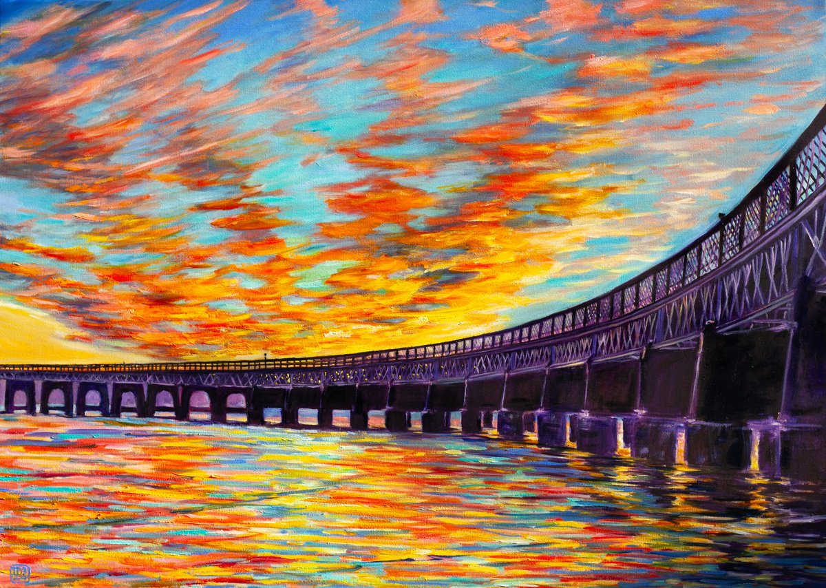 Expressive Cityscapes Oil Painting By Liudmila Pisliakova, 28 X 20", Tay Bridge, Original Artwork