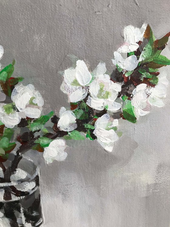Blossoming cherry branch.. One of a kind, original painting, handmad work, gift.