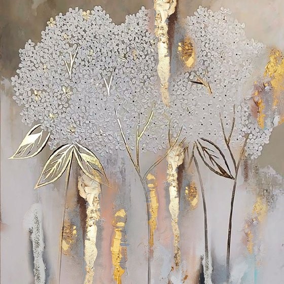 Silver floral abstract painting, Gold Leaf Canvas art