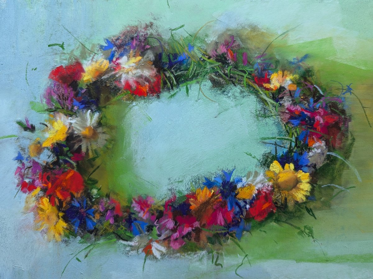 Impressionistic Botanical Pastel Drawing By Silja Salmistu, 16 X 12", Midsummer Wreath, Original Artwork