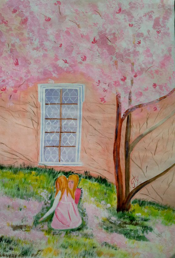Girls Painting Tree Original Art Blossom Watercolor Flowering Artwork 17 by 24" by Halyna Kirichenko