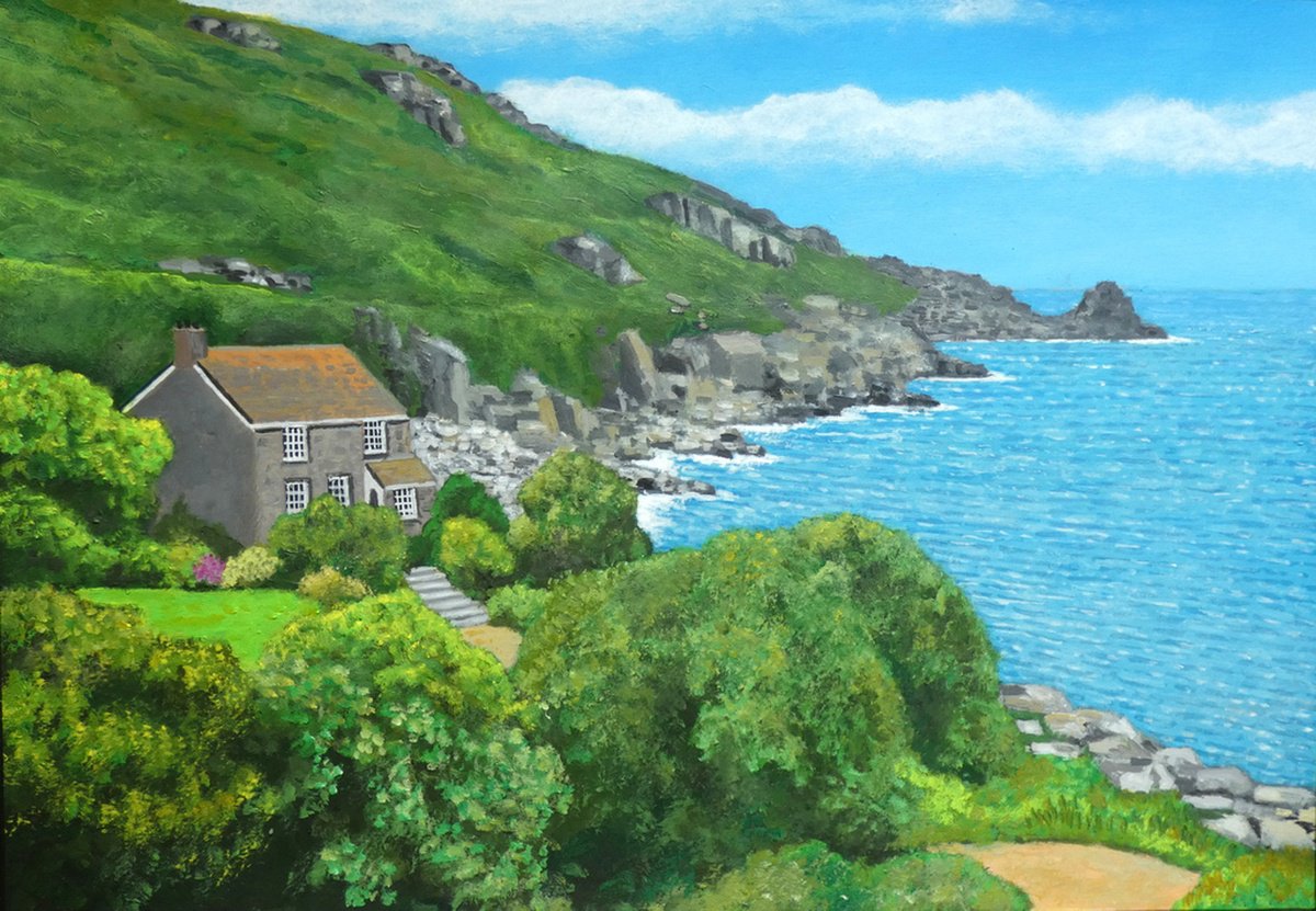 Landscape Acrylic Painting By Tim Treagust, 17 X 12", House By The Cove, Lamorna, Original Artwork