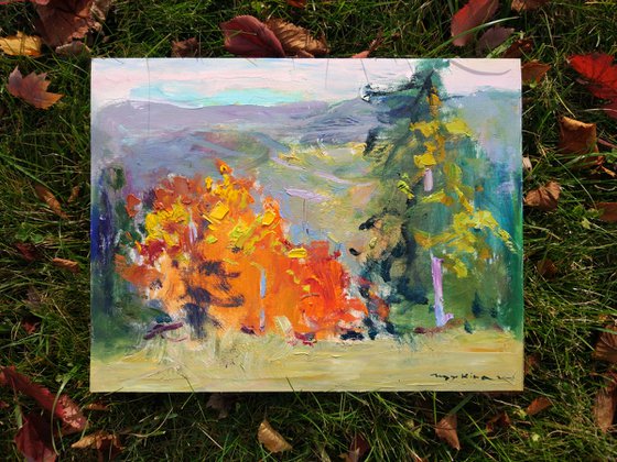 Mountain firs | Walk in the wood | moments of autumn | Original oil painting