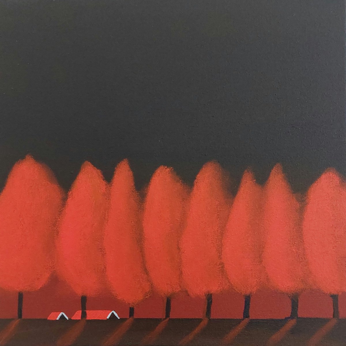 Abstract Landscape Acrylic Painting By Nelly Van Nieuwenhuijzen, 12 X 12", Red Fall Leaves, Original Artwork