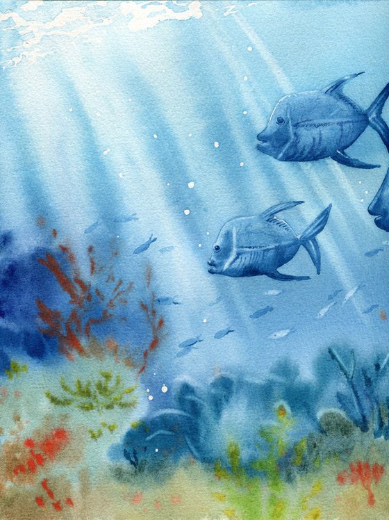 Marine fish underwater, coral reef life. Original artwork.