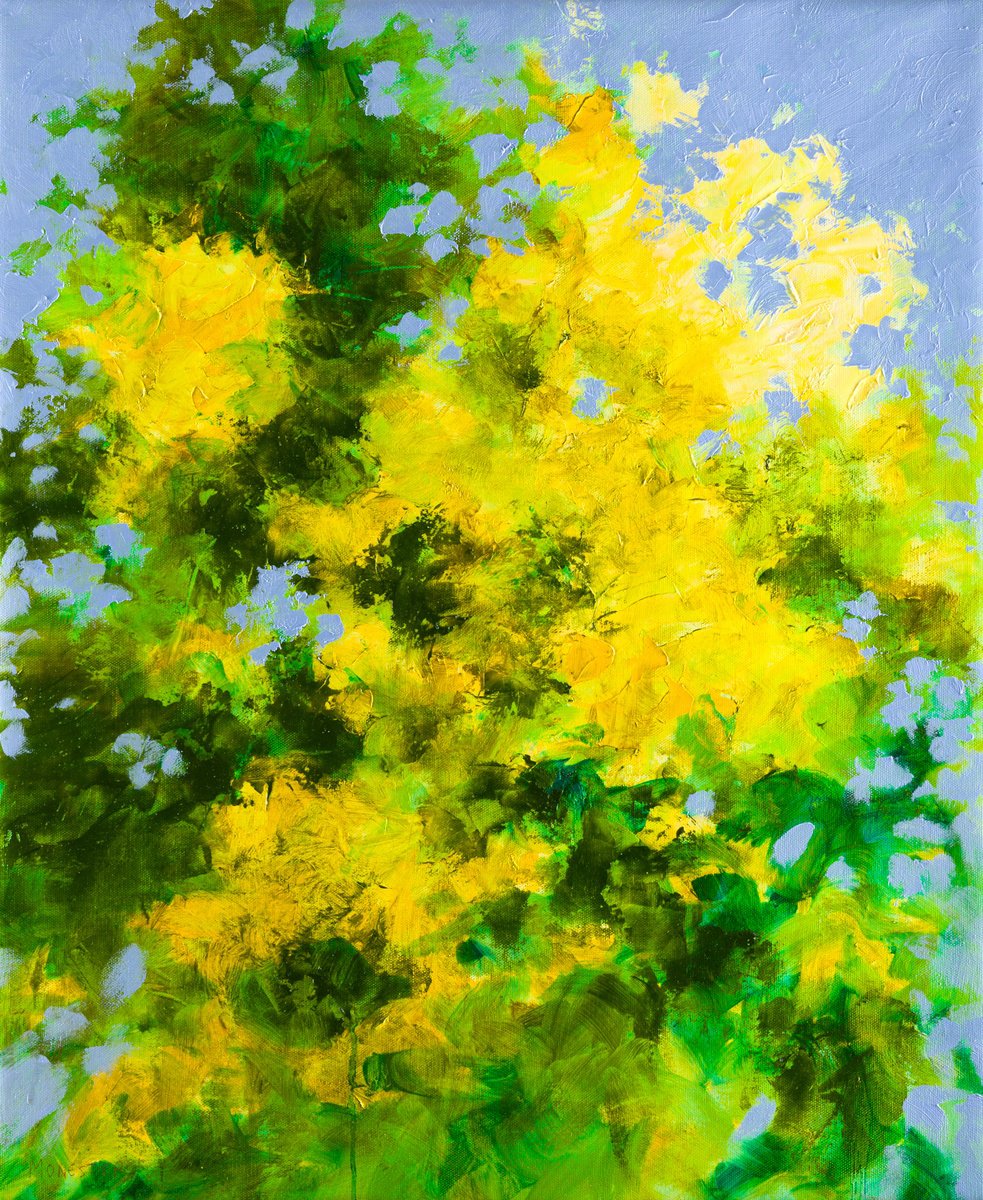Impressionistic Botanical Oil Painting By Fabienne Monestier, 24 X 29, Mimosa In Bloom, Original Artwork