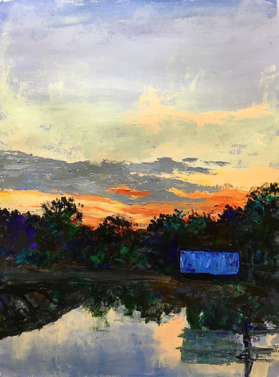 Impressionistic Landscape Acrylic Painting By John Cottee, 22 X 30, Blue Shade Cloth, Original Artwork