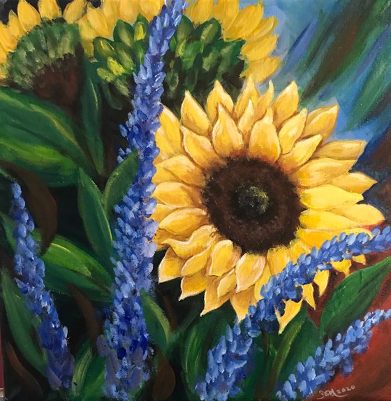 Sunflowers with blue salvia