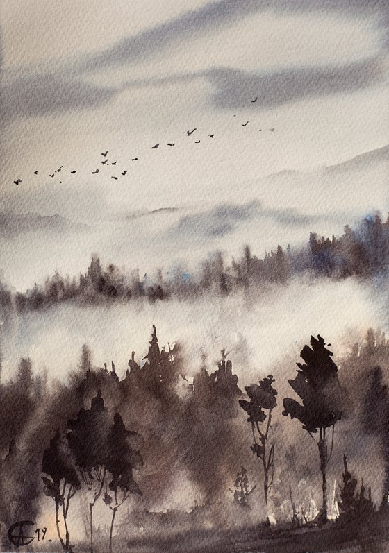 Mist in the mountains. ORIGINAL SMALL WATERCOLOR dark mist ABSTRACT BLOOM INTERIOR DECOR detail