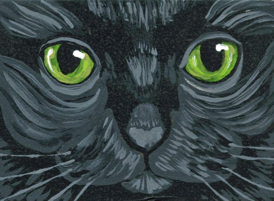 ACEO ATC Original Miniature Painting Black Cat Pet  Art-Carla Smale