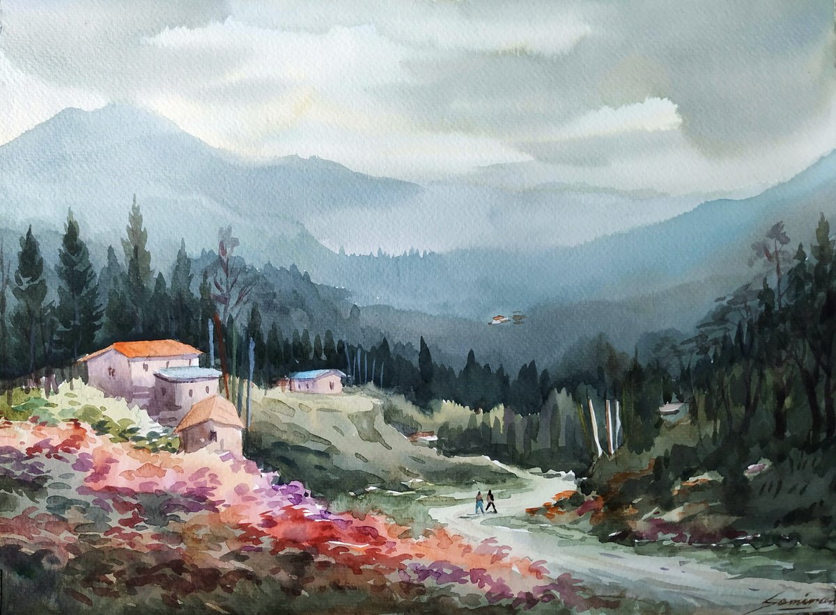 Impressionistic Landscape Watercolour By Samiran Sarkar, 15 X 11", Himalayan Flowers Valley, Original Artwork