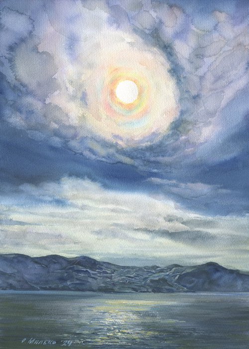 Somewhere in Iceland. Full Moon (Rainbow eye) /ORIGINAL watercolor ~11x14in (28x38cm) by Olha Malko