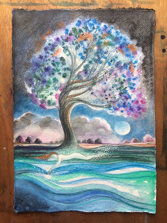 Bright Tree, Moonlight, Woman and Water