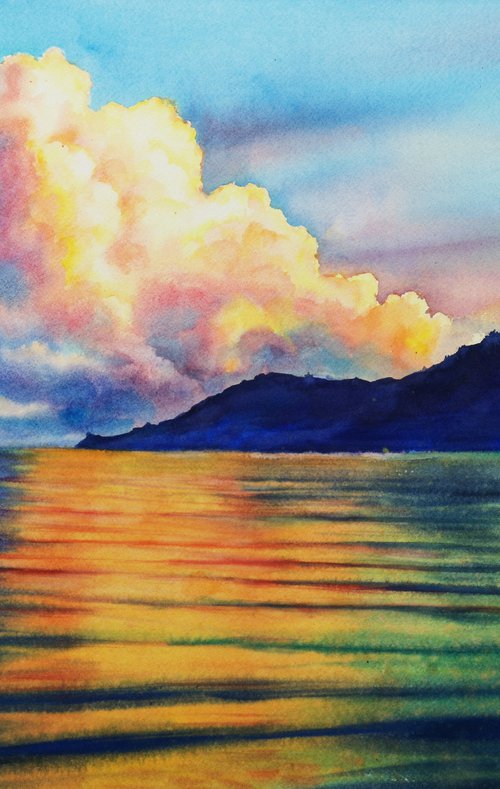 Bright colorful sunset on the by Olga Beliaeva Watercolour