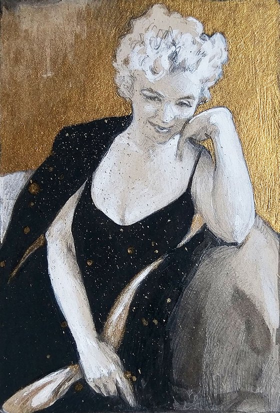 Golden Marilyn Monroe #1/ Realistic Pencil Portrait / Goddes /Qween /Realistic Pencil Mixed media modern Drawing/ Gold Black White / Gift idea