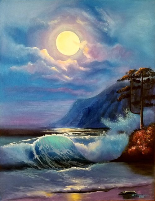 Moonlight Reflection. Original Oil Painting on Canvas. Sea Landscape. Tropical. Sky and Sea. Mother's Day Gift. Wall Art. Home Decor. by Alexandra Tomorskaya/Caramel Art Gallery