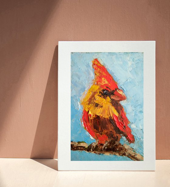 Cardinal Painting Original Art Yellow Red Bird Artwork Small Wall Art Home Decor