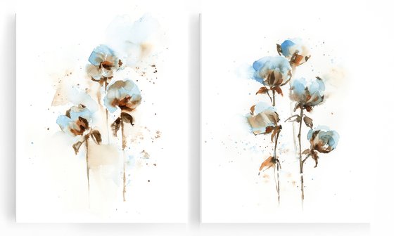 Cotton Flowers Watercolor Painting Diptych, Abstract Cotton Buds Floral Painting Set of 2