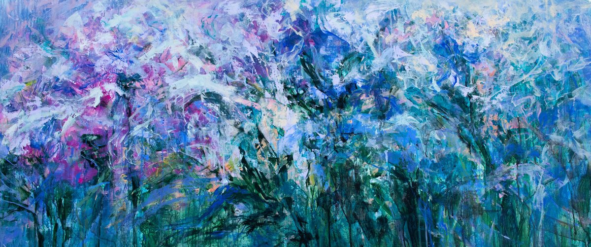 Expressive Landscape Acrylic Painting By Katia Solodka, 63 X 28", Dance Of The Mists 1, Original Artwork
