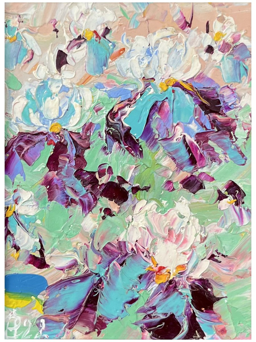 Abstract Botanical Oil Painting By Svitlana Andriichenko, 7 X 9", Loving Irises, Original Artwork