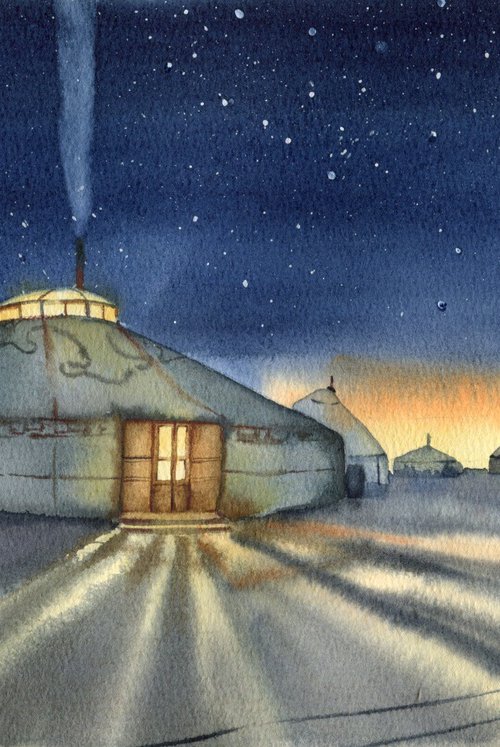 Nomads. Winter landscape with yurts and starry sky. Original watercolor. by Evgeniya Mokeeva