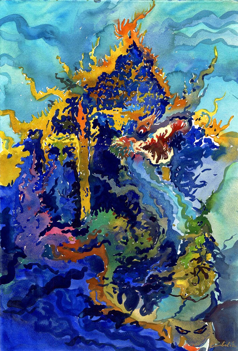 Impressionistic Cityscapes Watercolour By Tanbelia, 15 X 22", Wat Rong Suea Ten, Blue Temple In Chiang Rai, Original Artwork