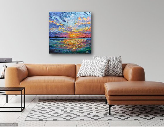 Magical Sunset - Original Sunset Painting on Canvas, Heavy impasto seascape artwork