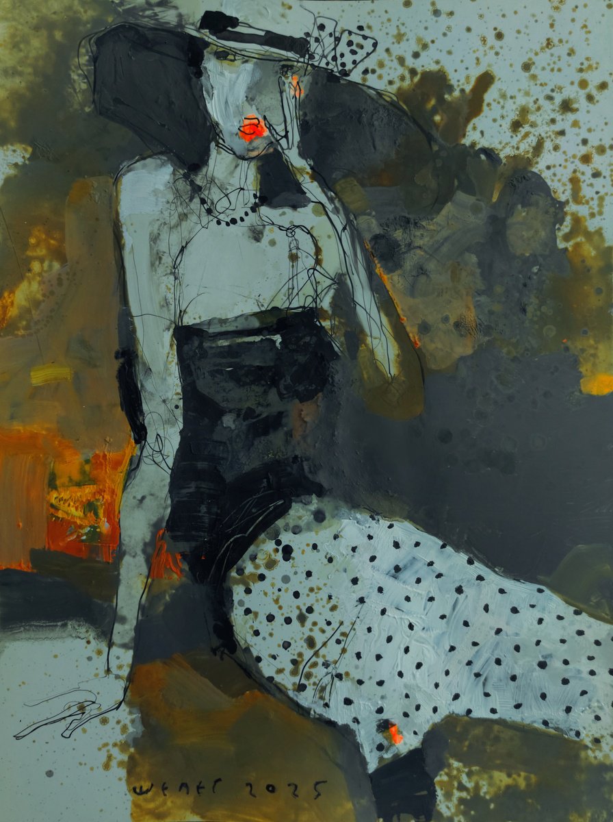 Expressive Portrait Oil Painting By Victor Sheleg, 12 X 16", Polka Dot Dress, Original Artwork