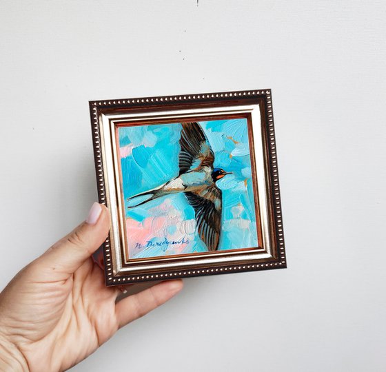 Swallow bird painting original oil 4x4, Bird in flight painting mini in blue frame, Small picture framed for mom