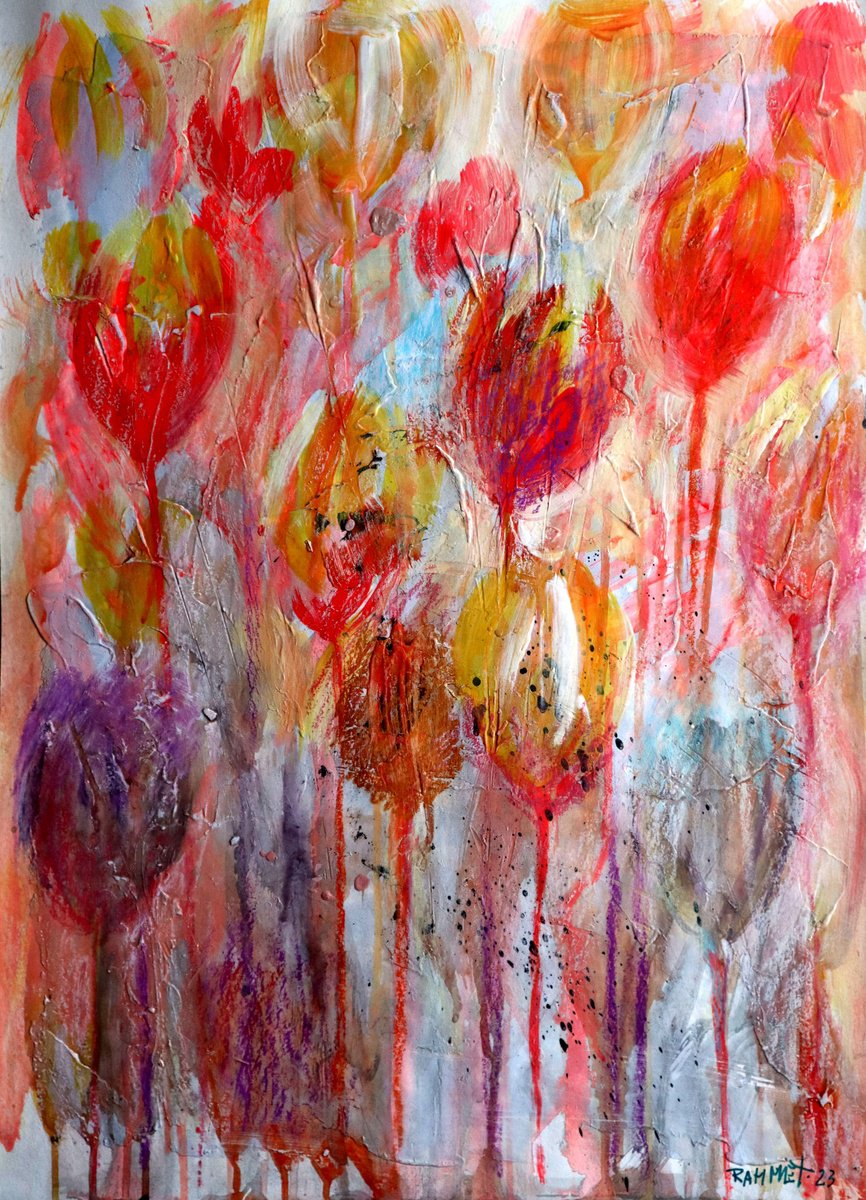 Impressionistic Botanical Acrylic Painting By Rakhmet Redzhepov, 17 X 23", Fantasy With Flowers 82, Original Artwork