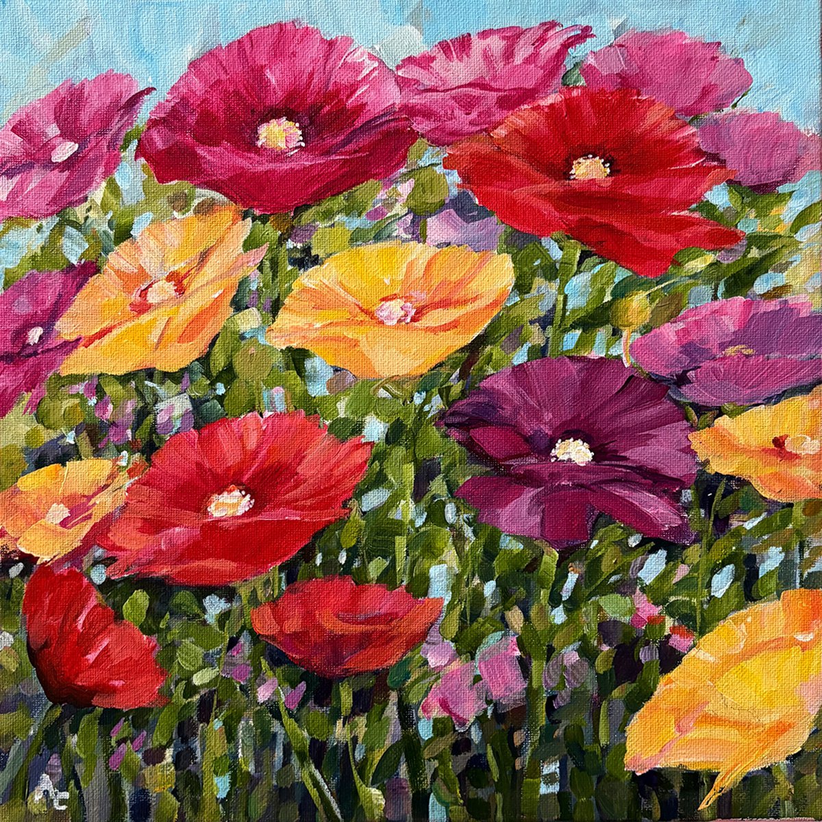 Impressionistic Botanical Acrylic Painting By Arti Chauhan, 13 X 13, Poppy Medley, Original Artwork