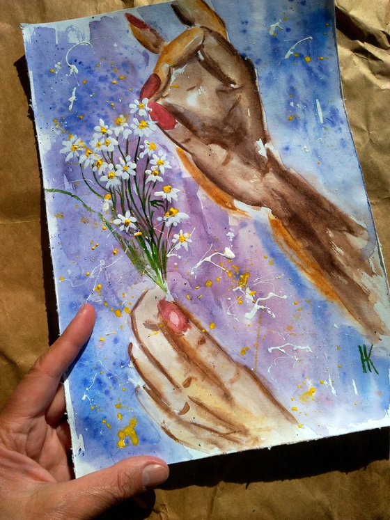 Daisy Painting Floral Original Art Hands Small Watercolor Camomile Artwork Flowers Home Wall Art 8 by 12" by Halyna Kirichenko